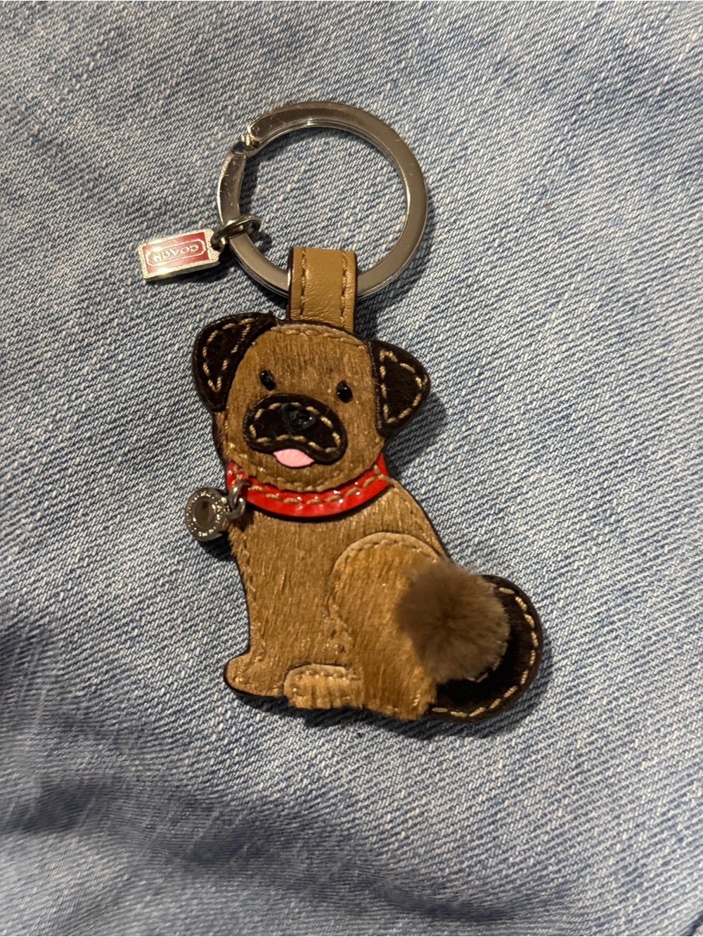 Coach Brown Pug Leather Keychain with Red Collar charm